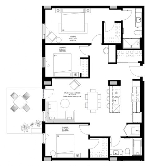 Floor plan for 3 beds, 2 baths, 1222 sqft